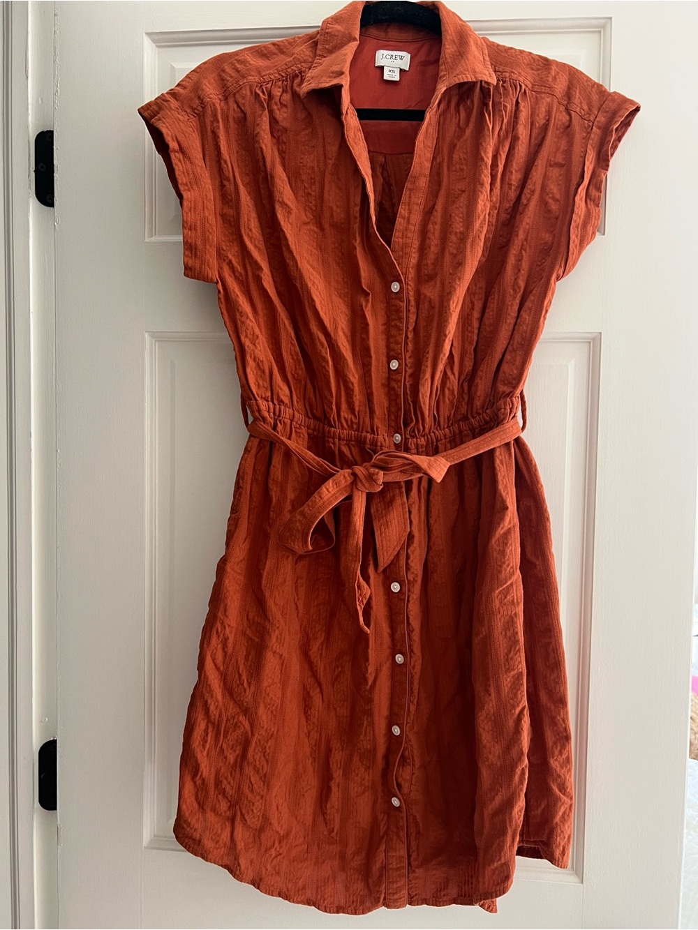 J. Crew Rust Orange Button-Front Tie-Waist Mini Dress
